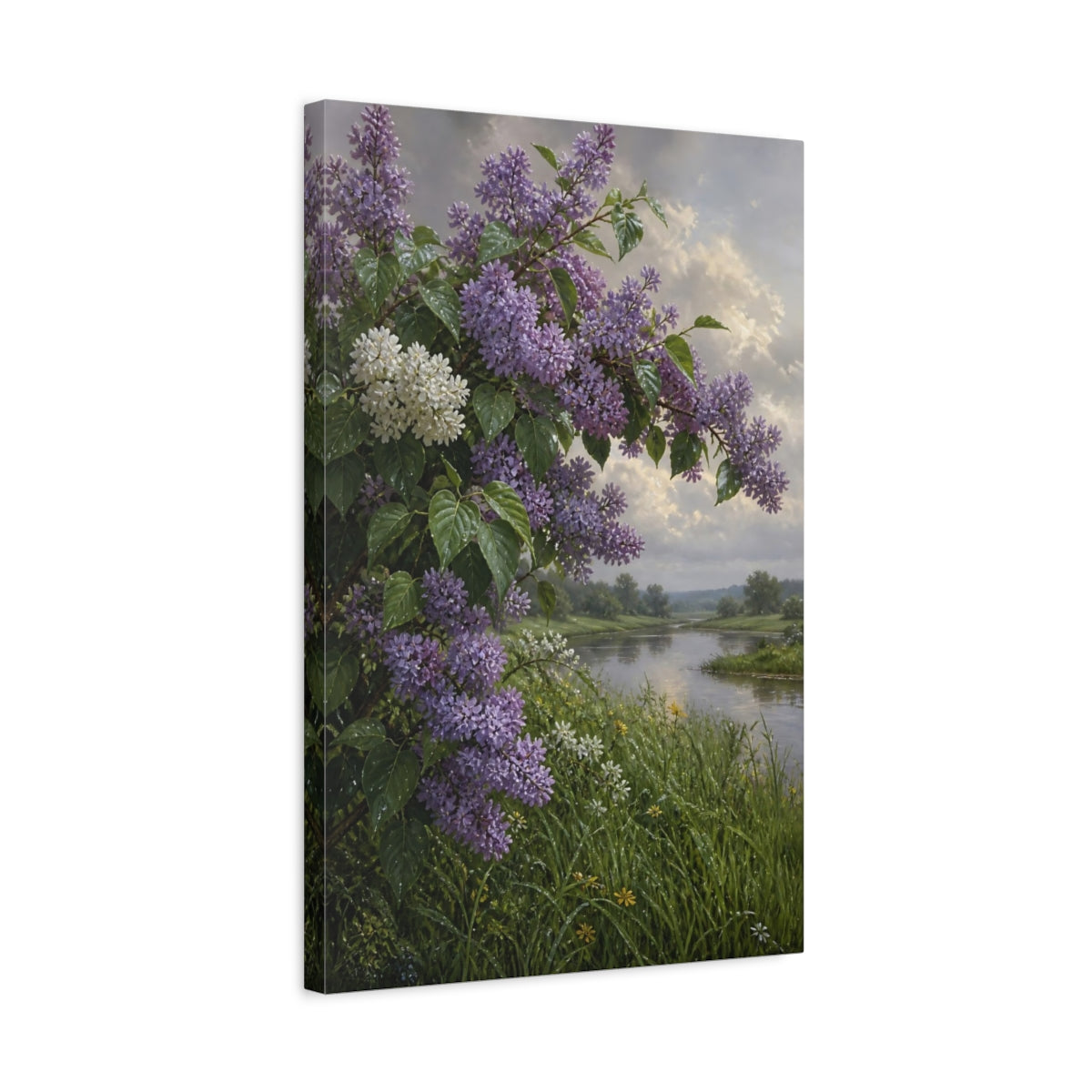 Side Mockup 3. Floral Lilac Bush Purple Lilac Landscape shown as stretched canvas wall art