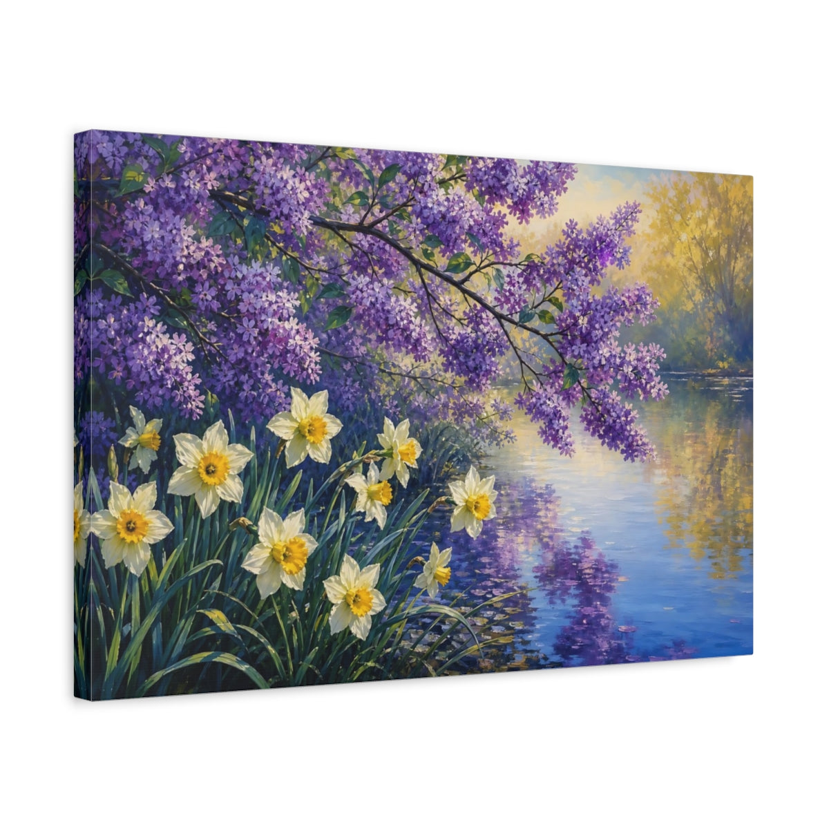 Side Mockup 3. Floral Lilac Daffodils Purple Yellow Spring shown as stretched canvas wall art