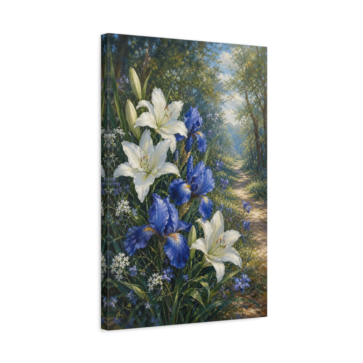 Side Mockup 3. Floral Lilies Irises White Blue Floral shown as stretched canvas wall art
