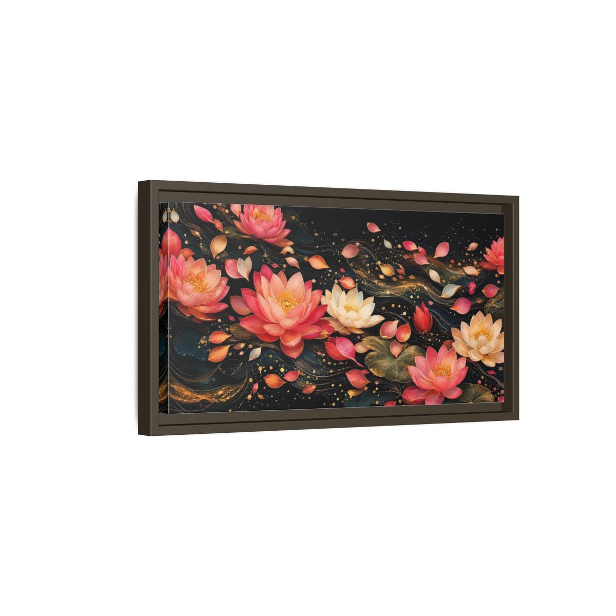 Side Mockup 7. Floral Lotus Flowers Pink Lotus Gold shown as stretched canvas wall art
