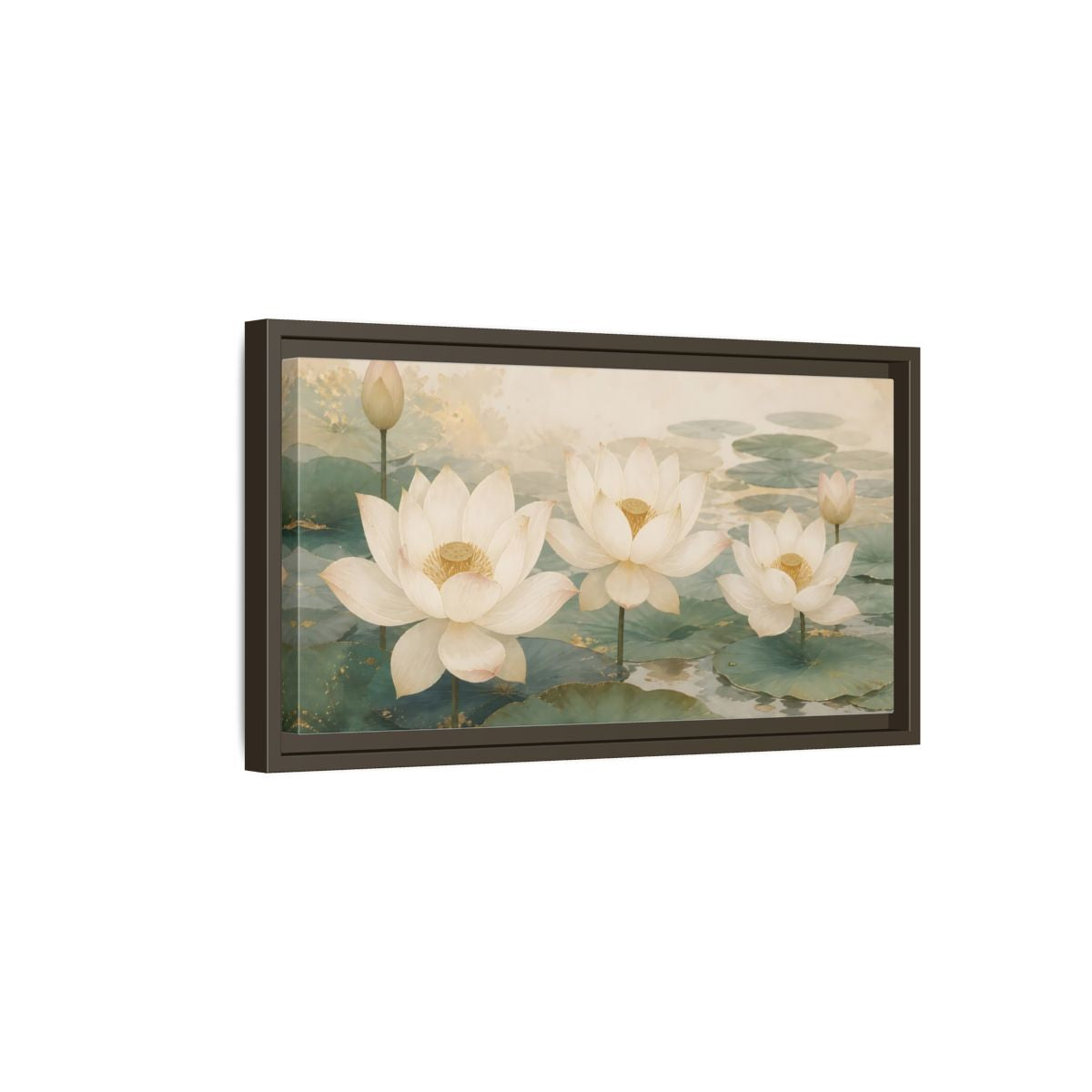 Side Mockup 7. Floral Lotus Flowers White And Green Lotus shown as stretched canvas wall art