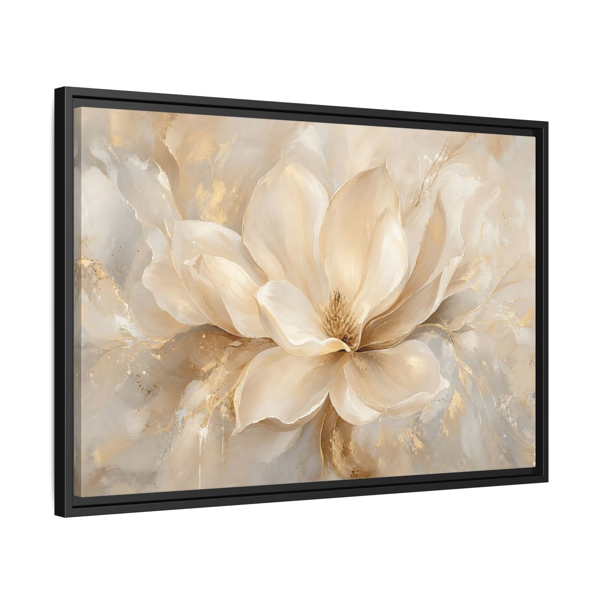 Side Mockup 14. Floral Magnolia Flower Cream Gold Floral shown as stretched canvas wall art