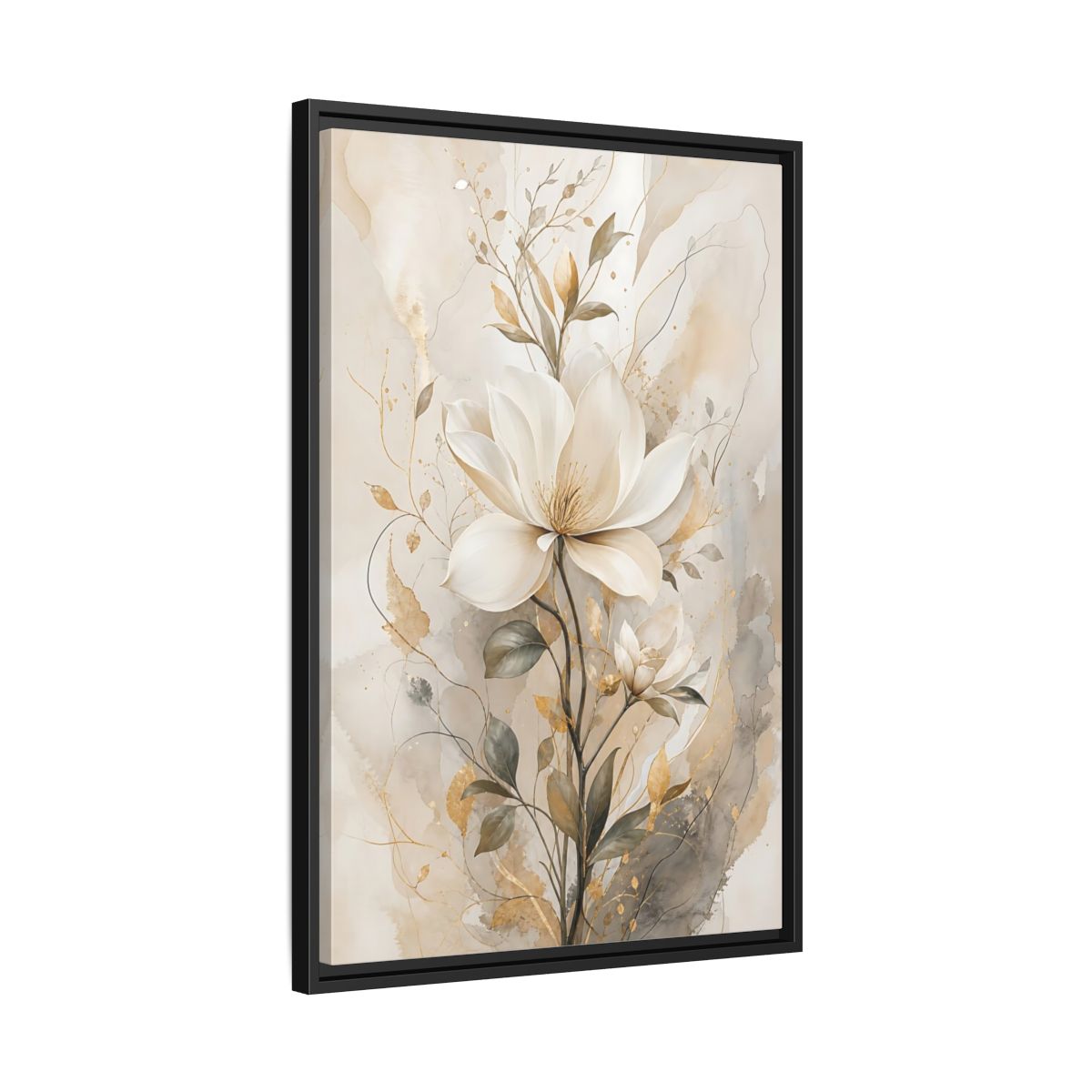 Floral Magnolia Flower Gold Framed Canvas Wall Art - Living Room Above Fireplace shown as canvas wall art