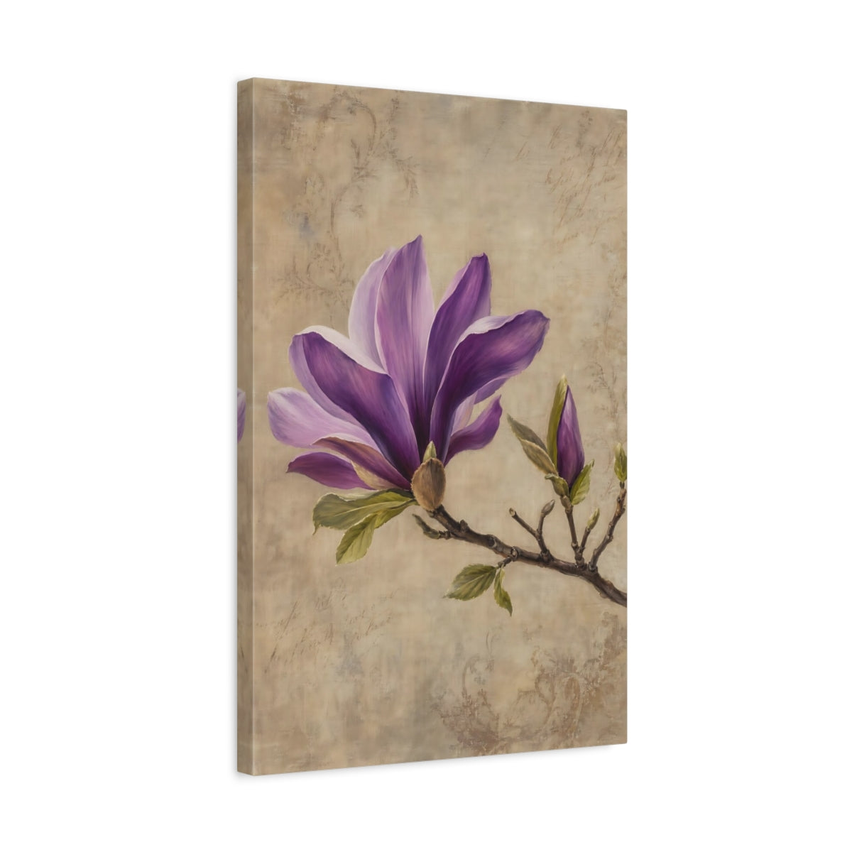 Side Mockup 3. Floral Magnolia Flower Purple Magnolia shown as stretched canvas wall art