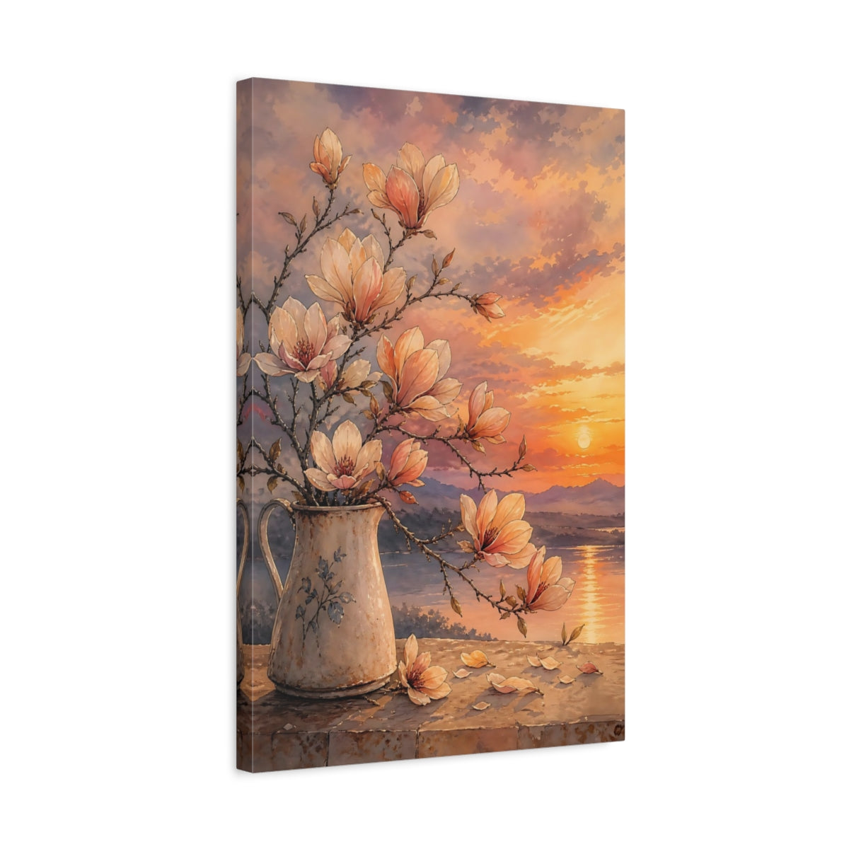 Side Mockup 3. Floral Magnolia Flowers Orange Pink Magnolia shown as stretched canvas wall art