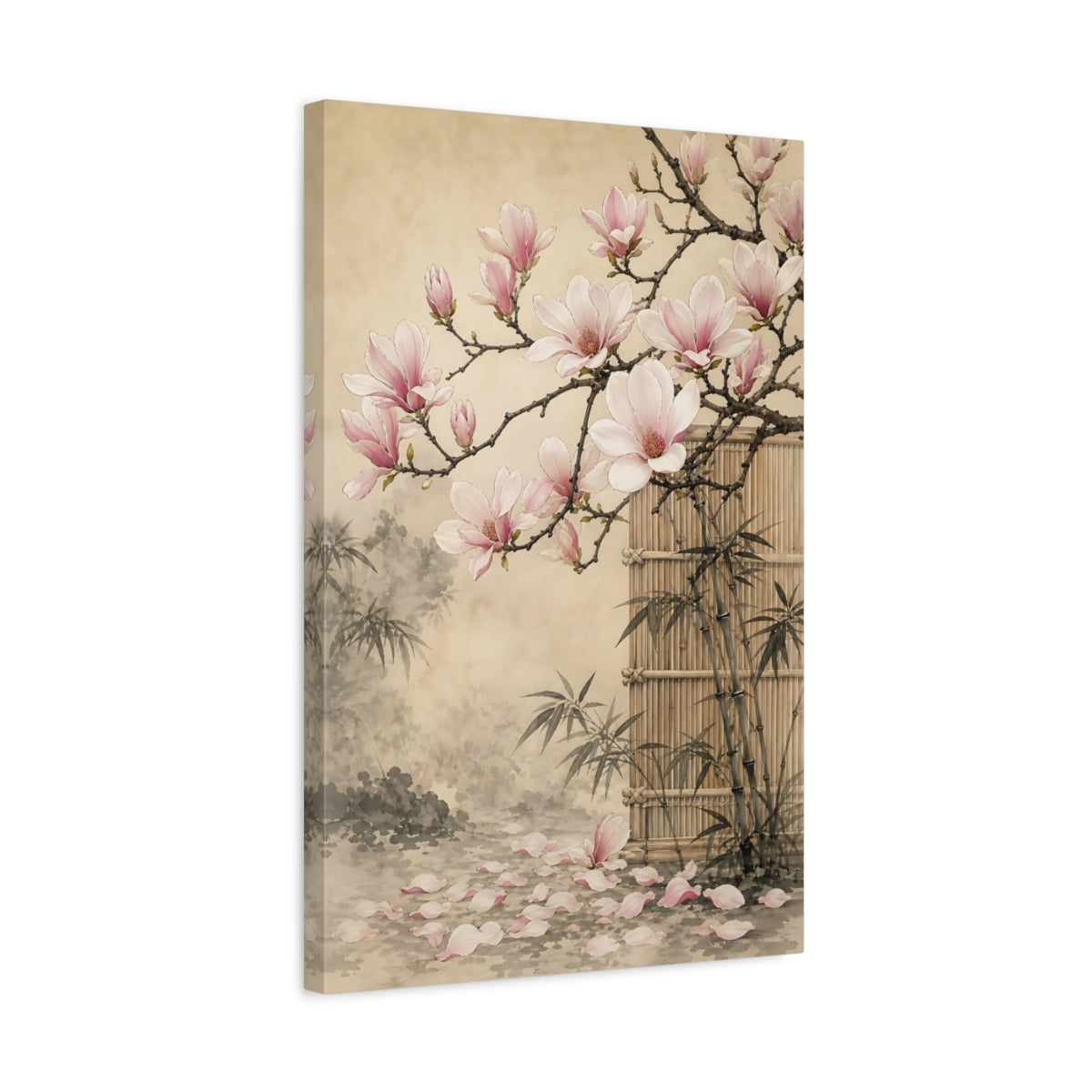 Side Mockup 3. Floral Magnolia Flowers Pink Magnolia shown as stretched canvas wall art