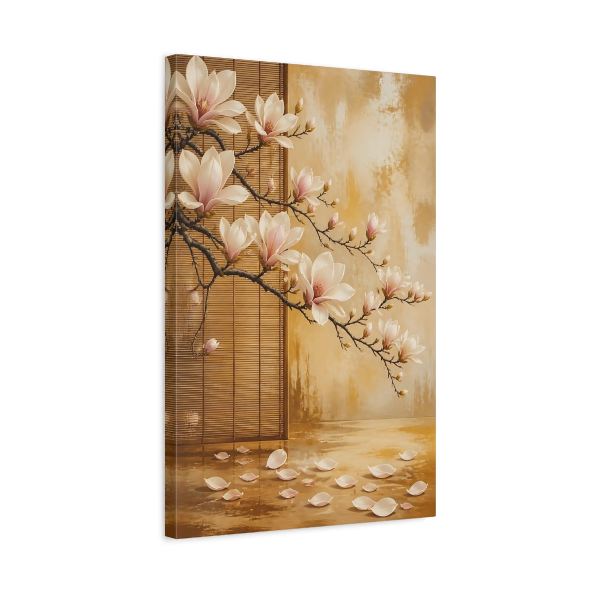 Side Mockup 3. Floral Magnolia Flowers Pink Magnolia Gold shown as stretched canvas wall art