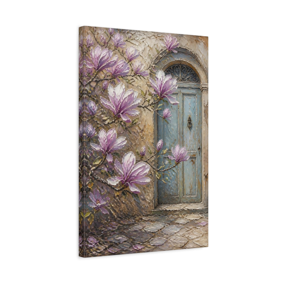 Side Mockup 3. Floral Magnolia Flowers Purple Magnolia shown as stretched canvas wall art