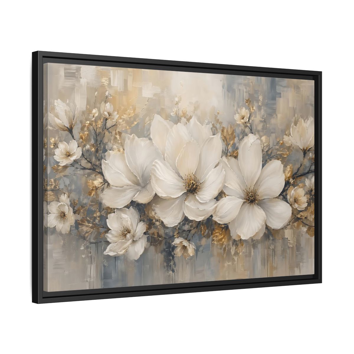 Side Mockup 14. Floral Magnolia Flowers White Gold Grey shown as stretched canvas wall art