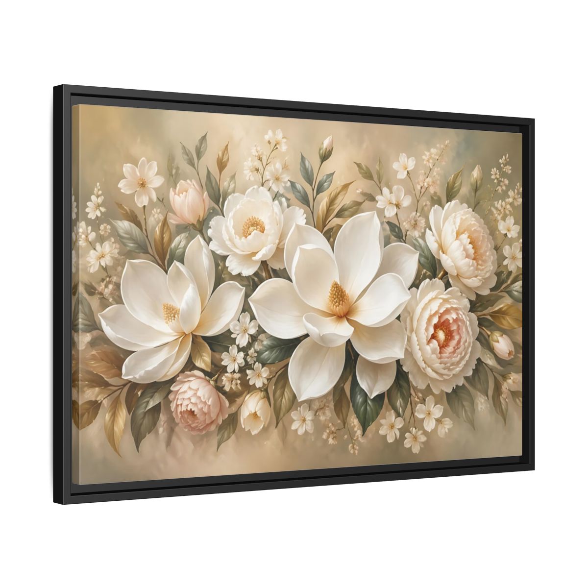 Side Mockup 14. Floral Magnolia Peony White Pink Floral shown as stretched canvas wall art