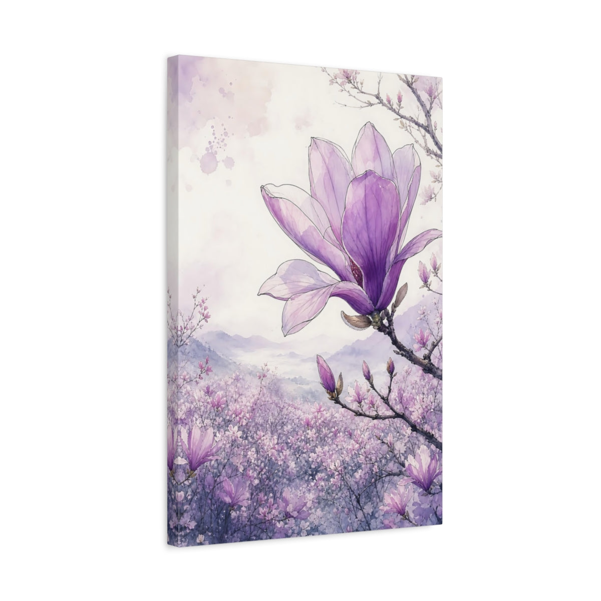 Side Mockup 3. Floral Magnolia Purple Magnolia shown as stretched canvas wall art