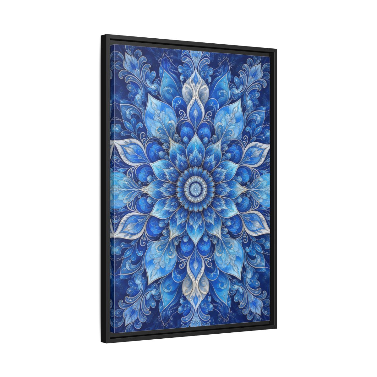Side Mockup 14. Floral Floral Mandala Blue Floral Mandala shown as stretched canvas wall art