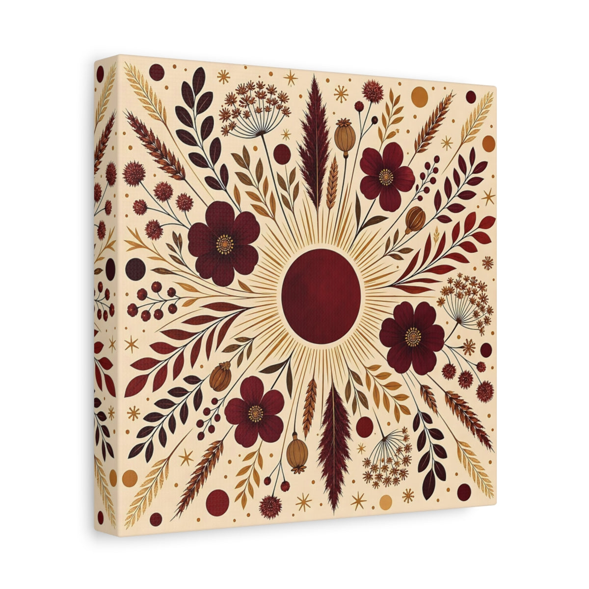 Side Mockup 9. Floral Floral Mandala Maroon And Gold shown as stretched canvas wall art