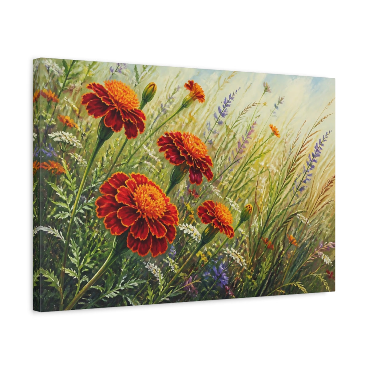 Side Mockup 3. Floral Marigold Flowers Orange Marigolds shown as stretched canvas wall art