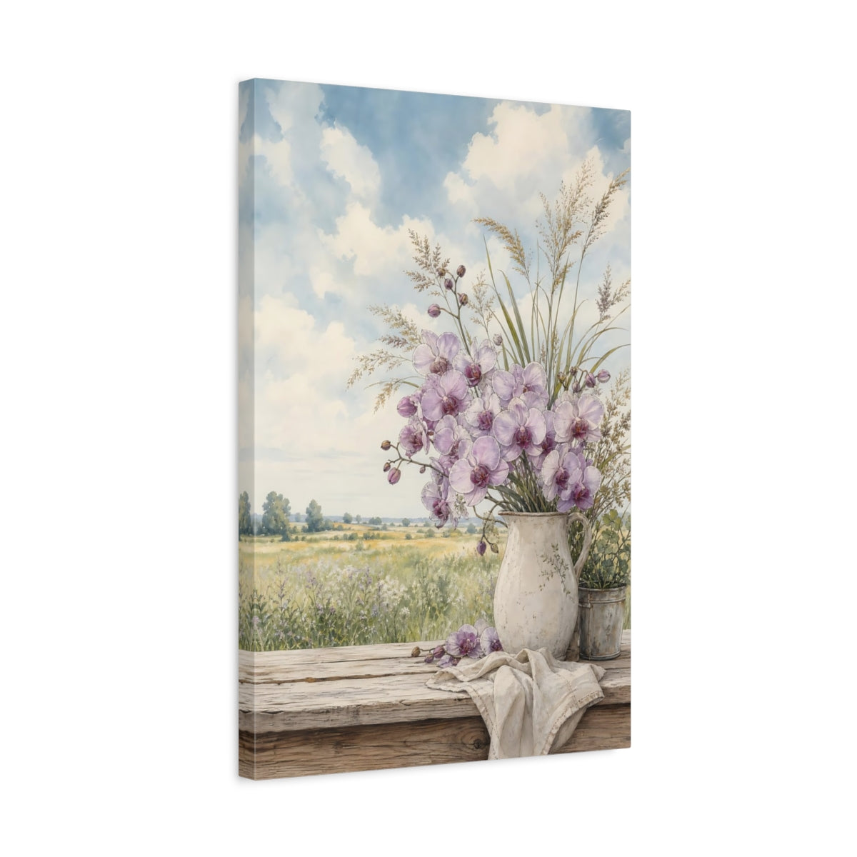 Side Mockup 3. Floral Orchids Lavender Orchids shown as stretched canvas wall art