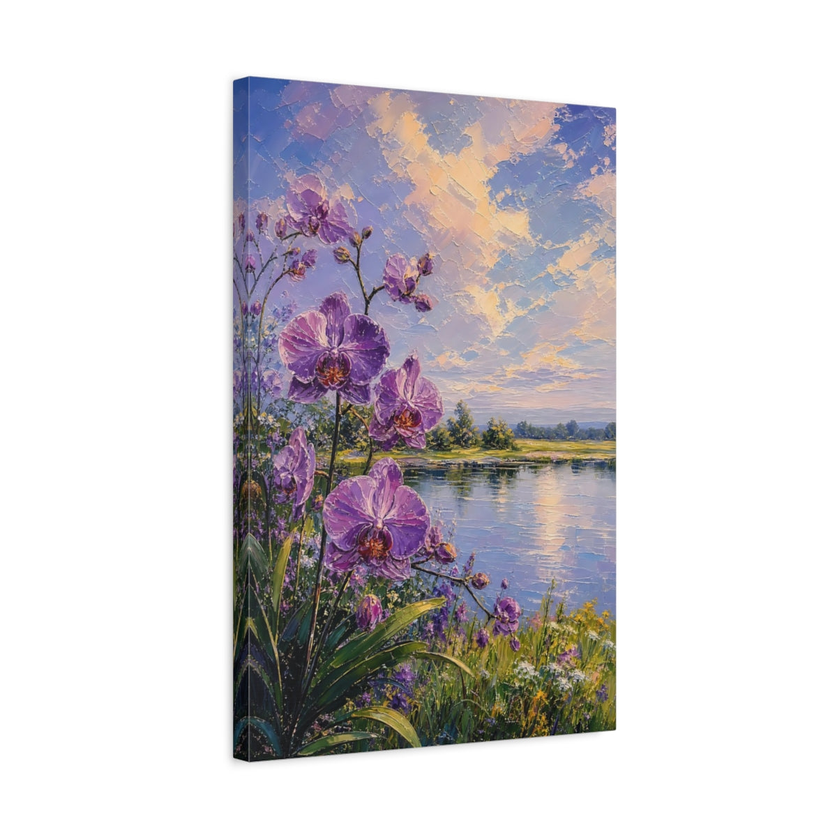 Side Mockup 3. Floral Orchids Purple Orchids Lake shown as stretched canvas wall art