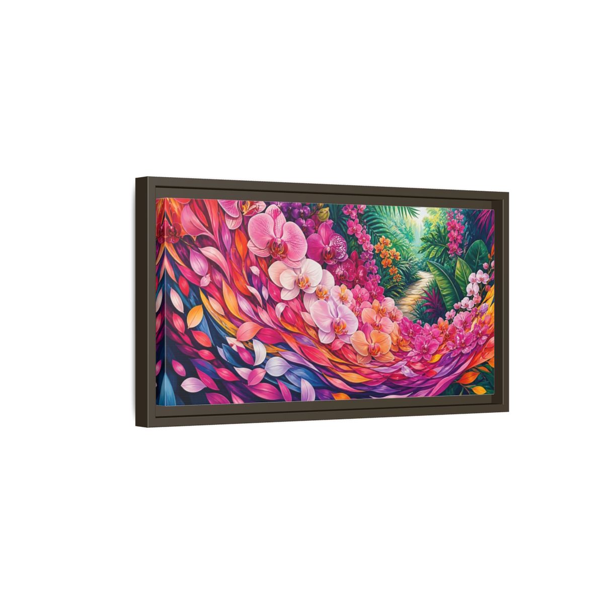 Side Mockup 7. Floral Orchids Vibrant Floral shown as stretched canvas wall art