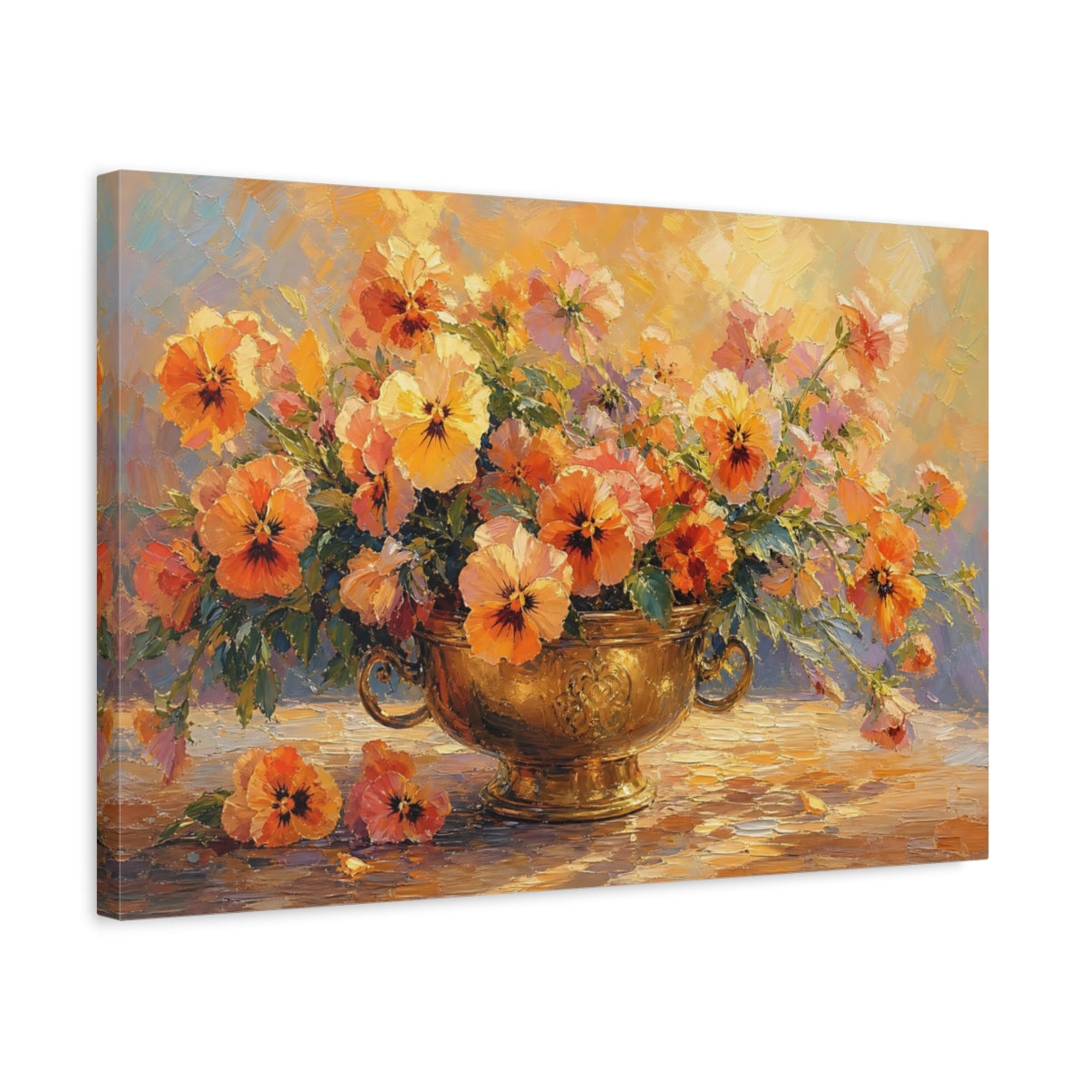 Side Mockup 3. Floral Pansies Orange And Gold shown as stretched canvas wall art