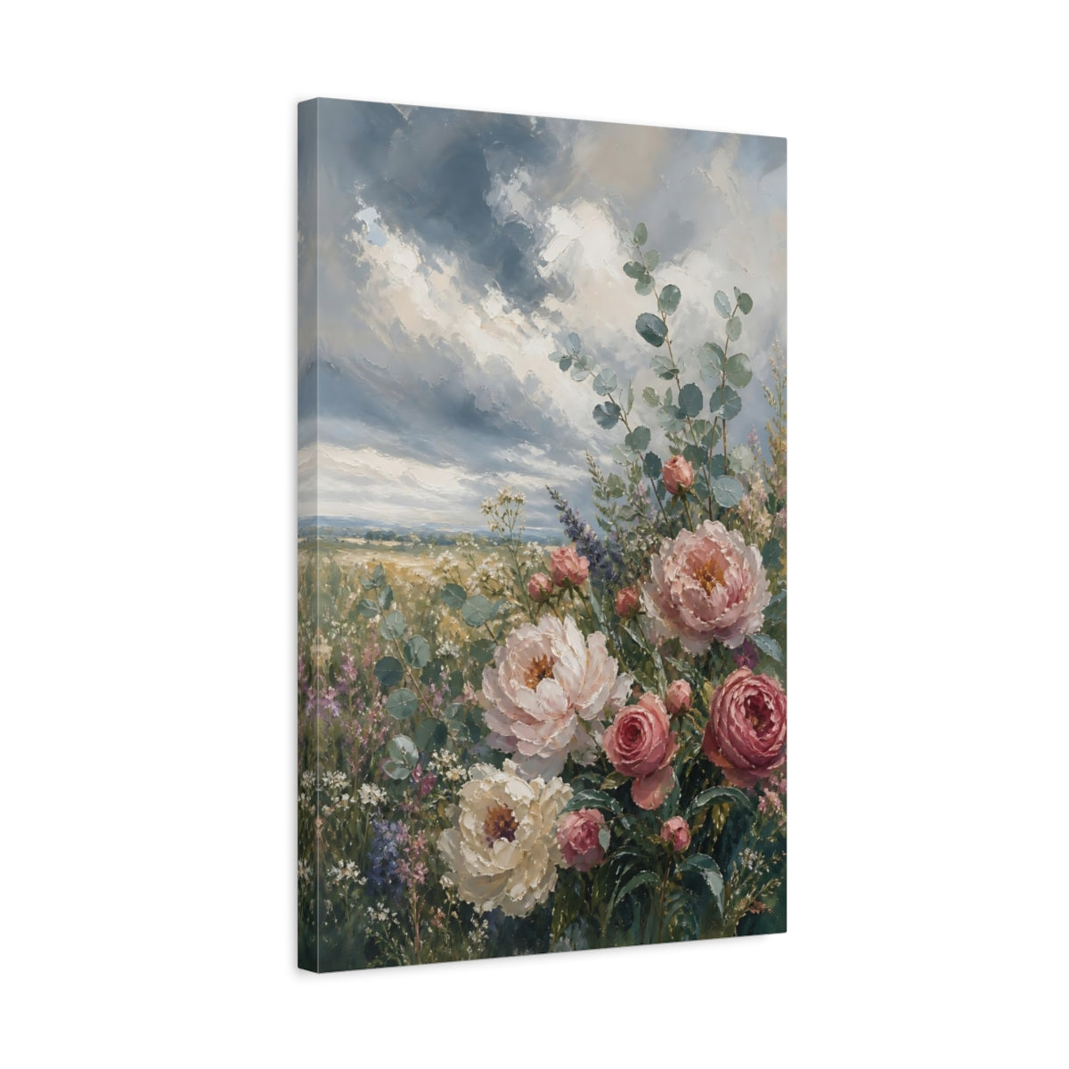 Side Mockup 3. Floral Peonies Pink And Blue Floral shown as stretched canvas wall art
