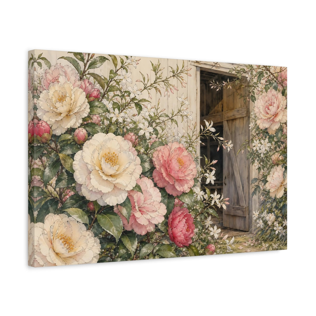 Side Mockup 3. Floral Peonies Pink Cream Floral shown as stretched canvas wall art
