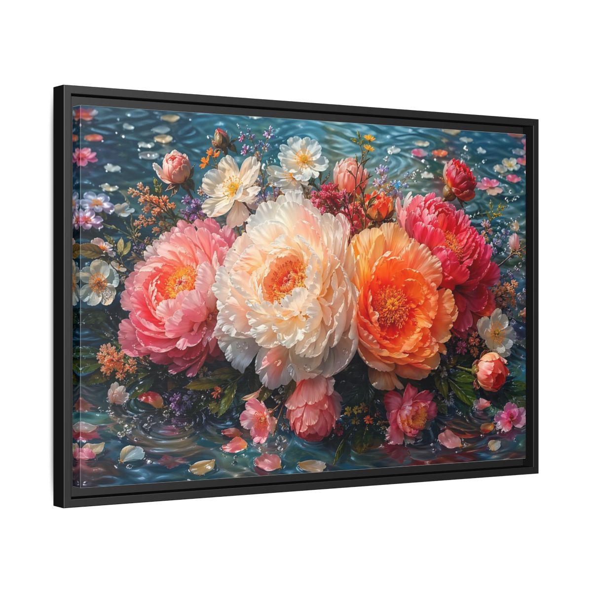 Side Mockup 14. Floral Peonies Vibrant Peony Floral shown as stretched canvas wall art