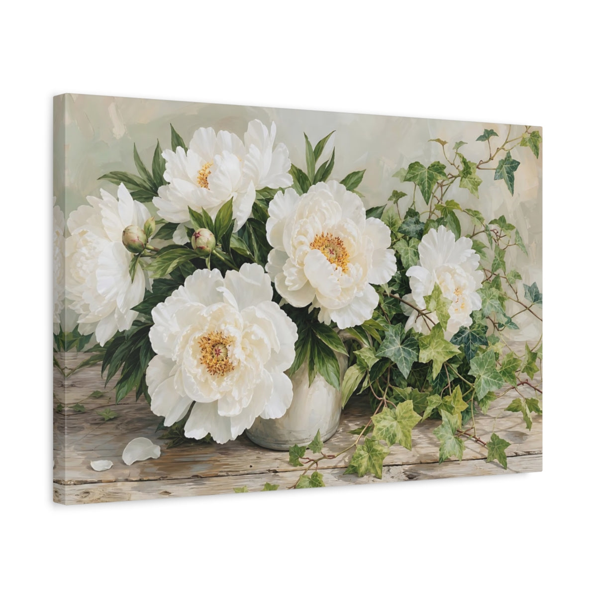 Side Mockup 3. Floral Peonies White Peonies shown as stretched canvas wall art