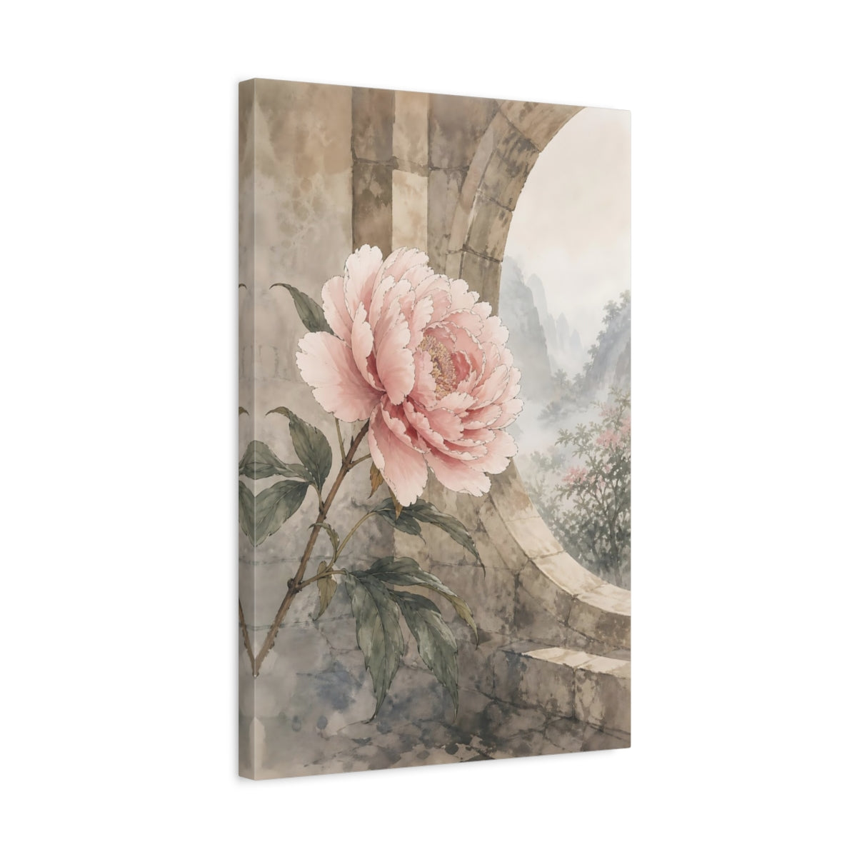 Side Mockup 3. Floral Peony Flower Pink Peony shown as stretched canvas wall art