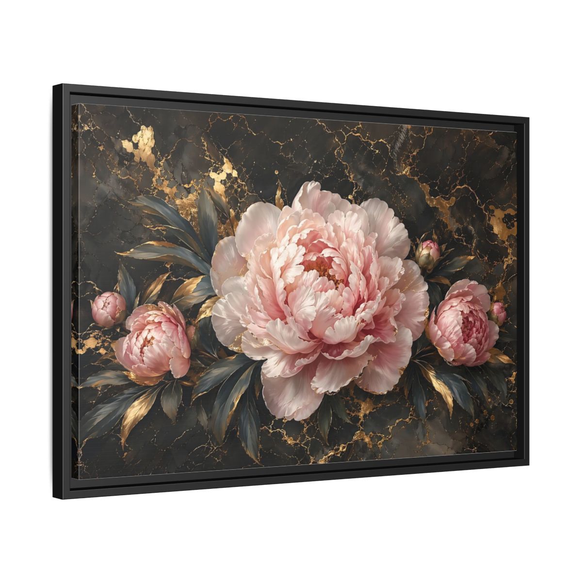 Side Mockup 14. Floral Peony Flowers Pink Peony Gold shown as stretched canvas wall art