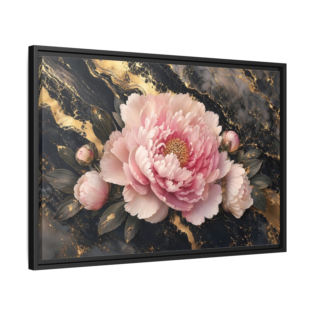 Side Mockup 14. Floral Peony Pink Gold Peony shown as stretched canvas wall art