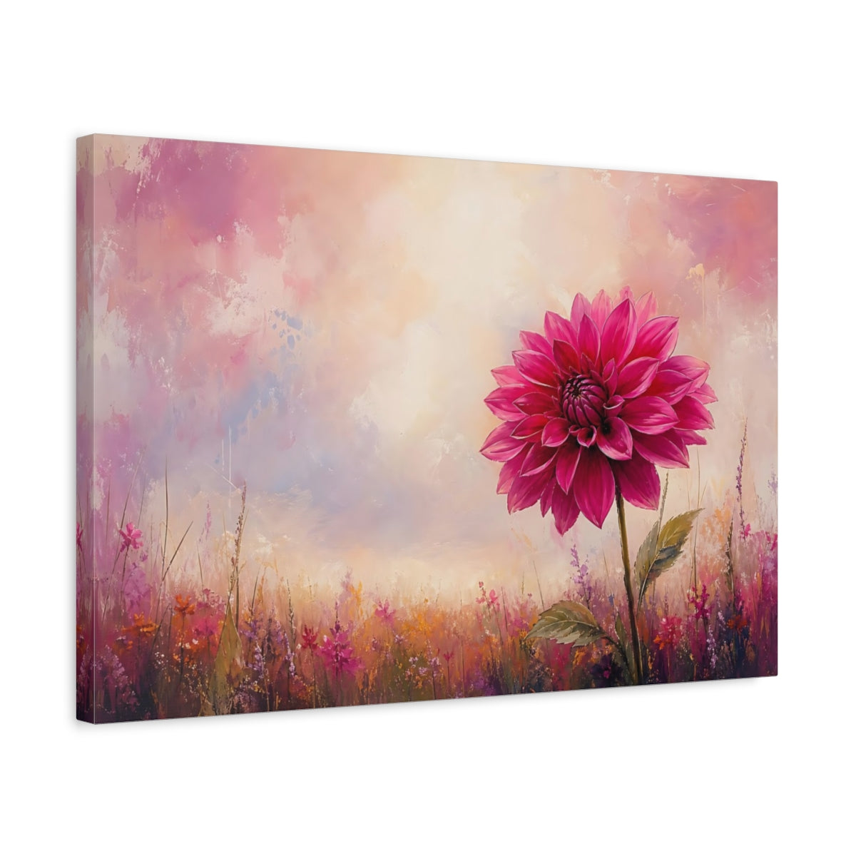 Side Mockup 3. Floral Pink Dahlia Pink Floral Field shown as stretched canvas wall art