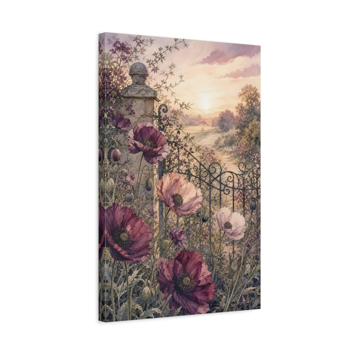 Side Mockup 3. Floral Poppies Purple Poppies shown as stretched canvas wall art