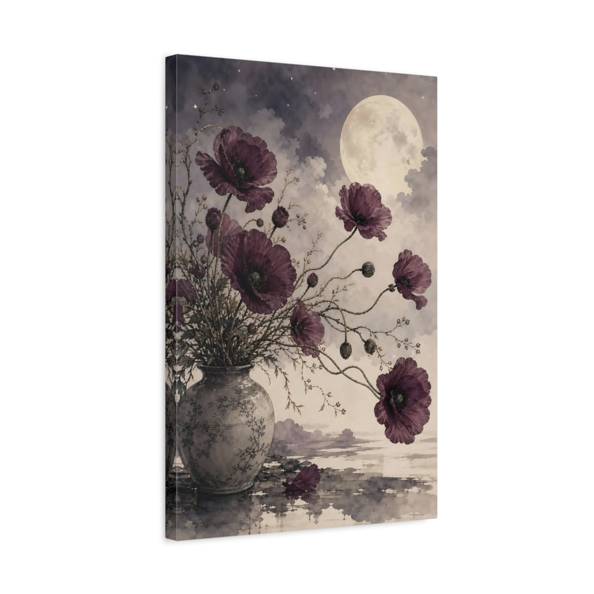 Side Mockup 3. Floral Poppies Purple Poppies Moon shown as stretched canvas wall art