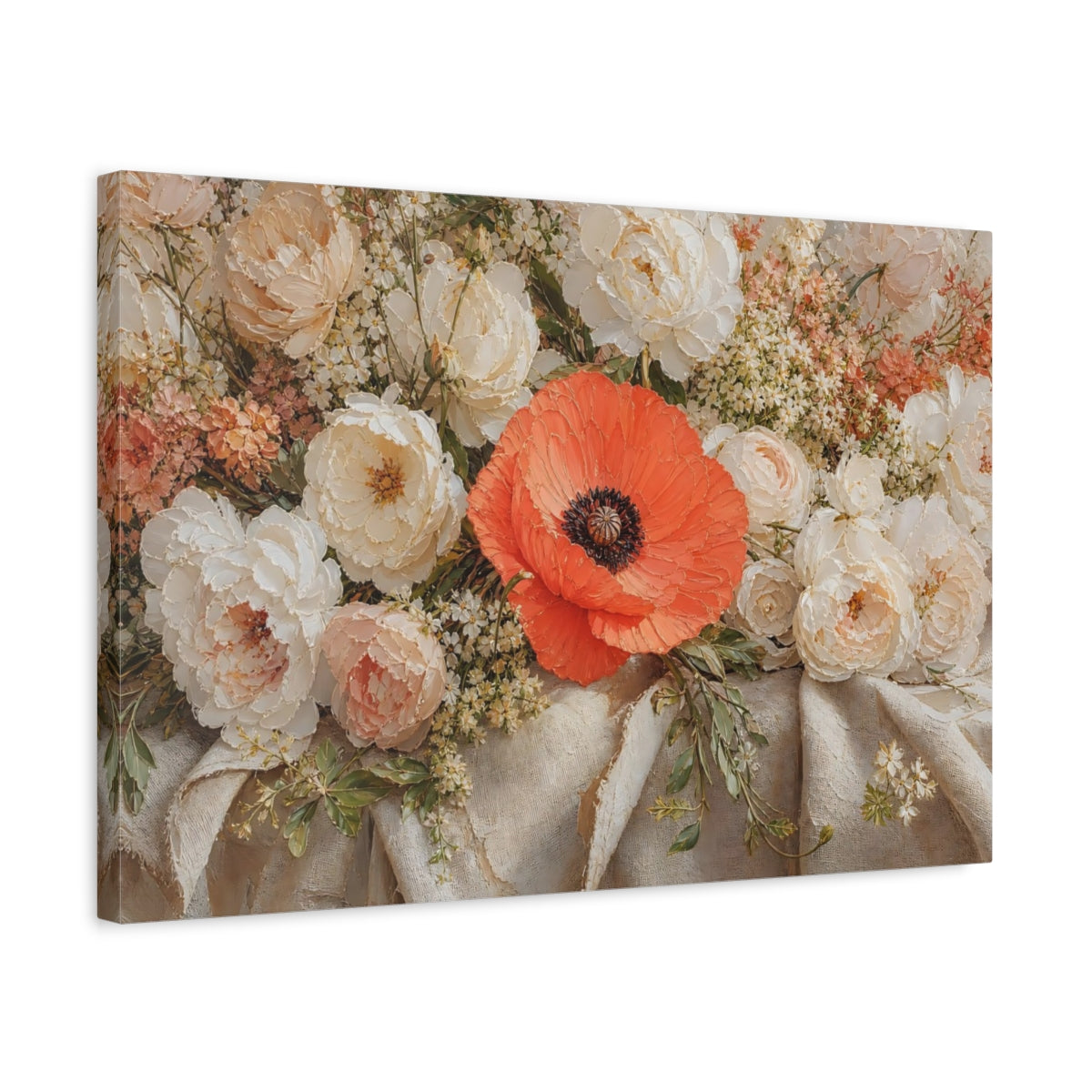 Side Mockup 3. Floral Poppy Orange And White shown as stretched canvas wall art