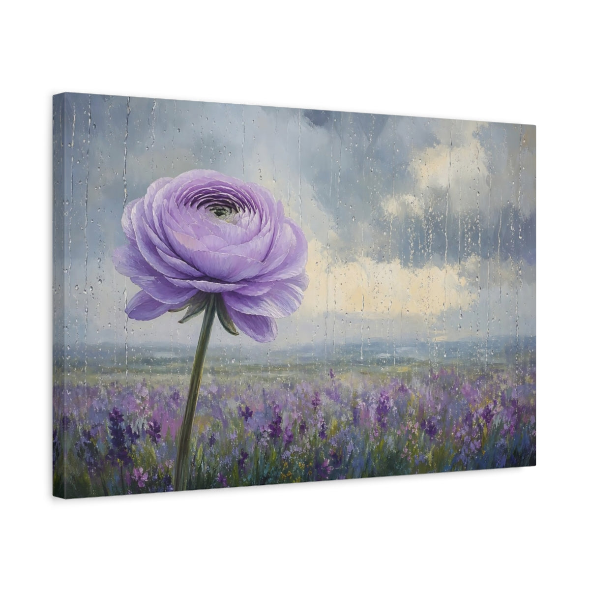 Side Mockup 3. Floral Purple Flower Purple Floral Rainy shown as stretched canvas wall art