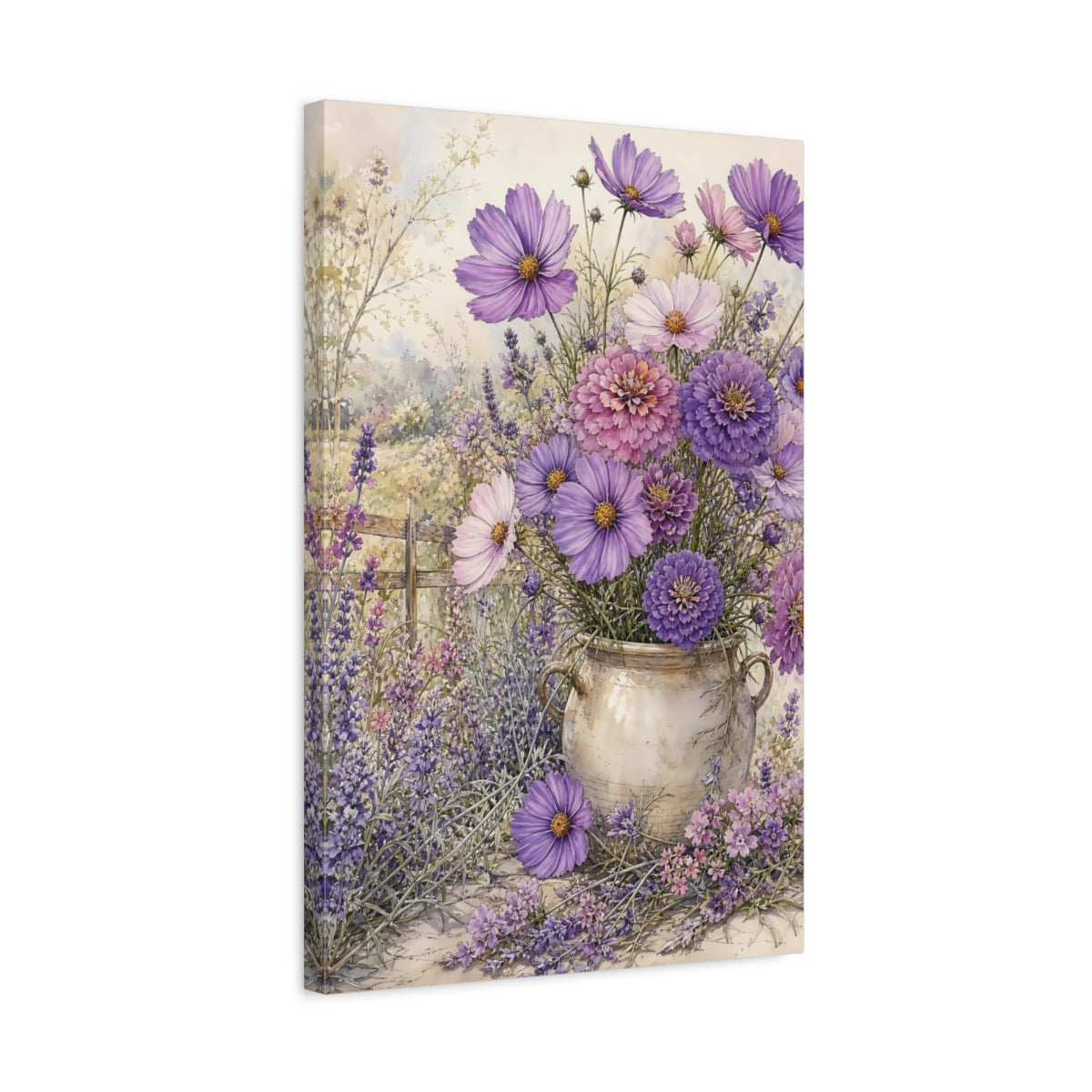 Side Mockup 3. Floral Purple Flowers Purple Lavender shown as stretched canvas wall art