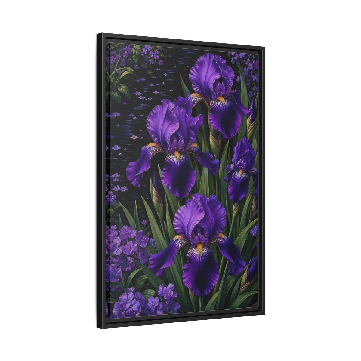 Side Mockup 14. Floral Purple Irises Purple Irises shown as stretched canvas wall art