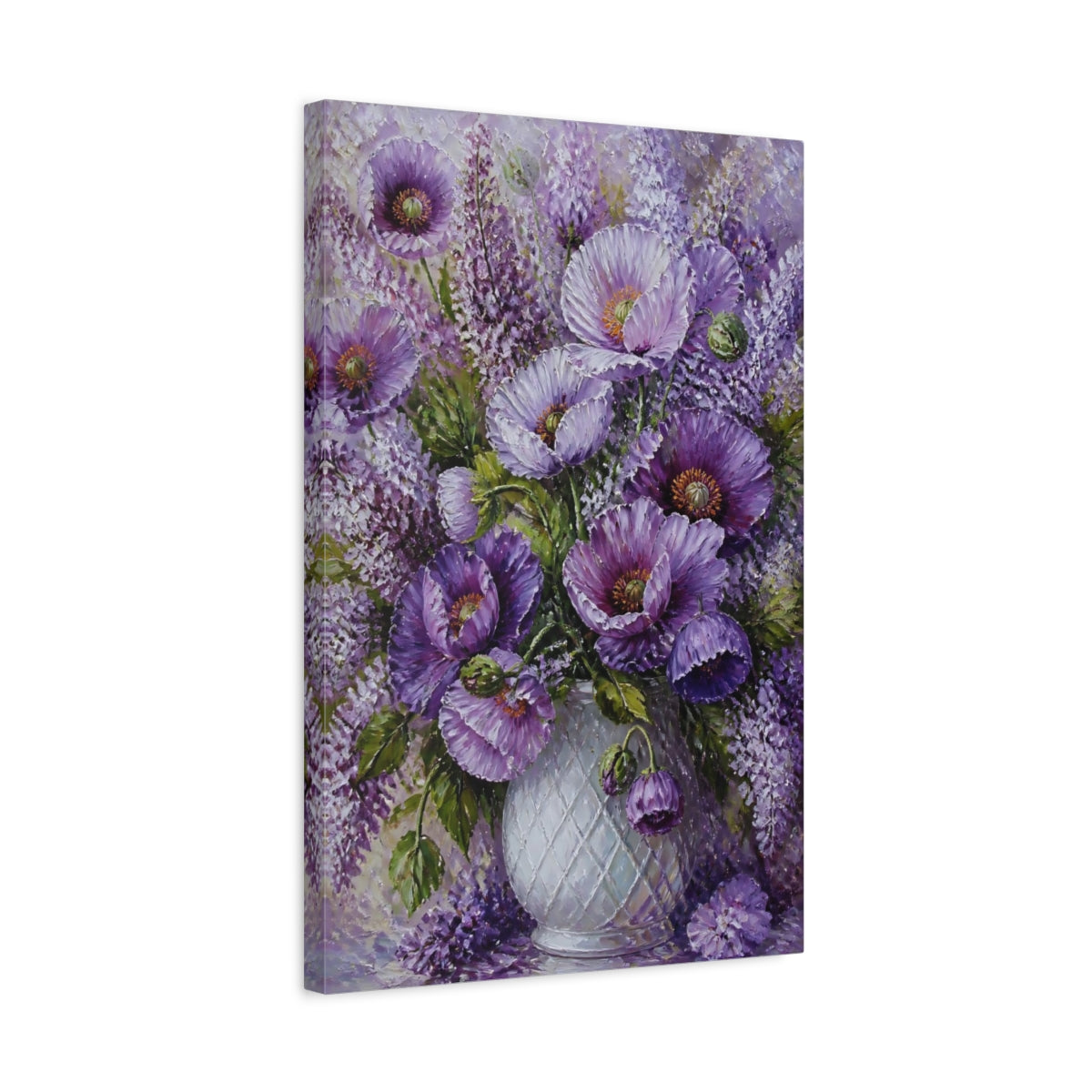 Side Mockup 3. Floral Purple Poppies Purple Floral shown as stretched canvas wall art