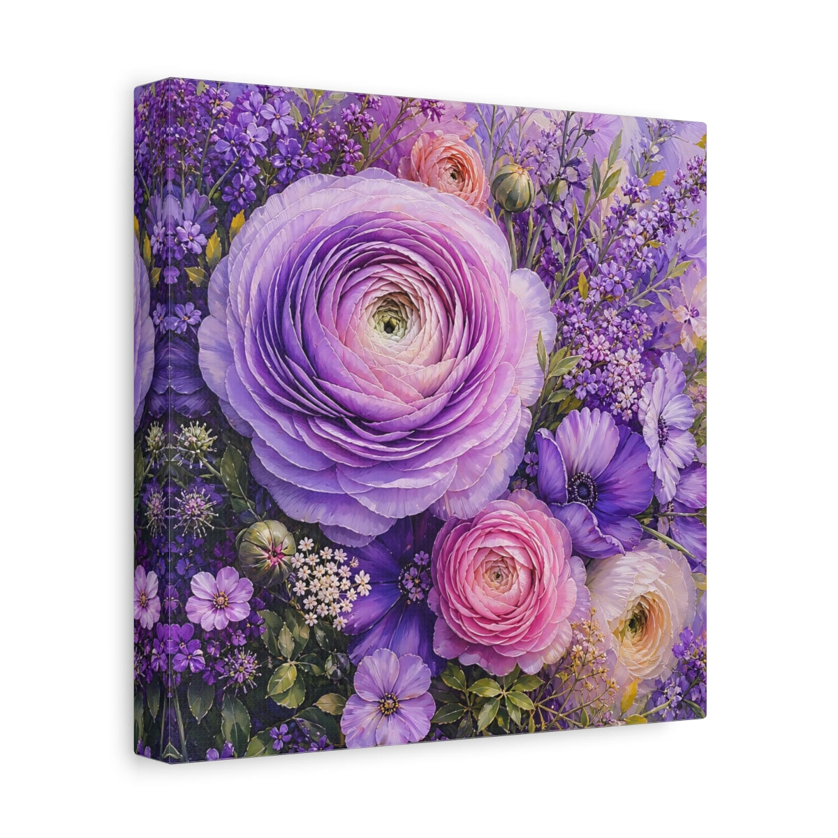 Side Mockup 9. Floral Ranunculus Purple Floral shown as stretched canvas wall art