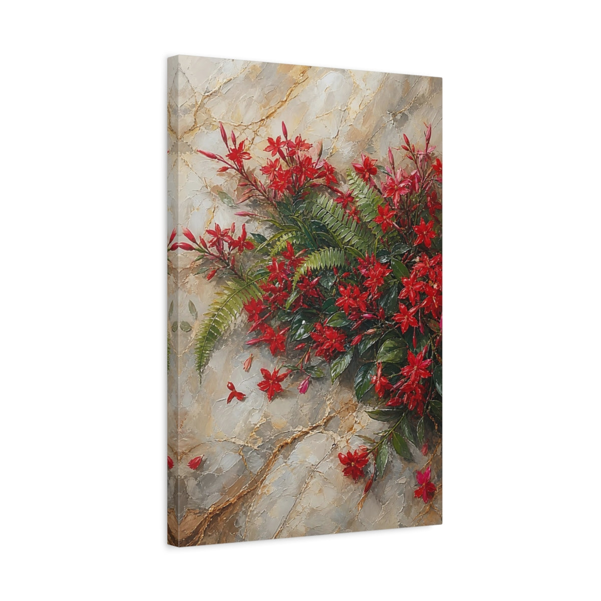 Side Mockup 3. Floral Red Flowers Red Floral shown as stretched canvas wall art
