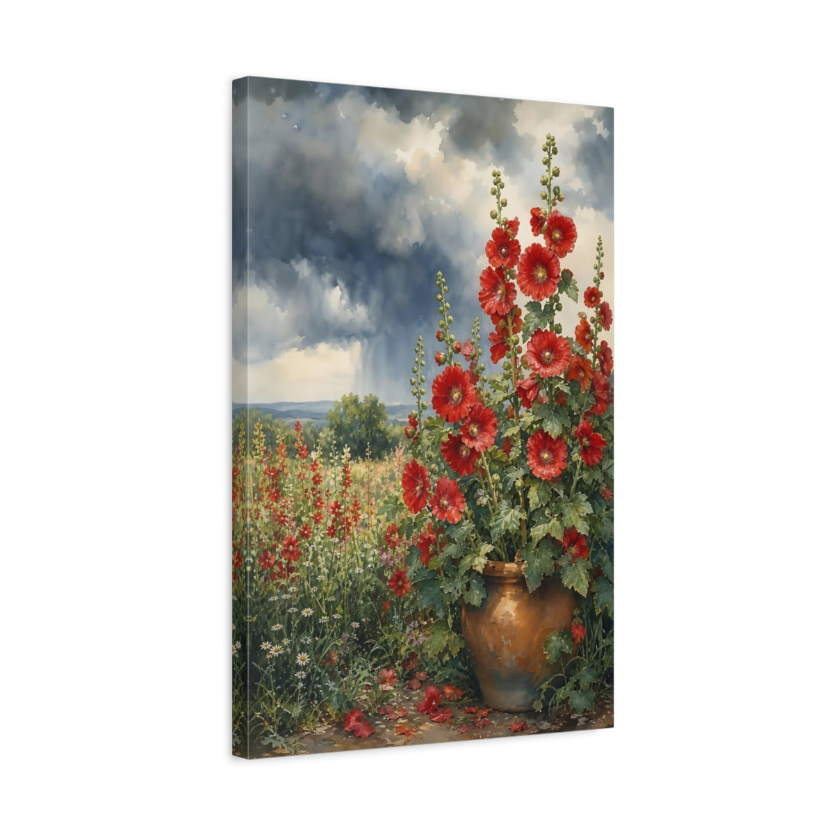 Side Mockup 3. Floral Red Hollyhocks Red Floral Watercolor shown as stretched canvas wall art