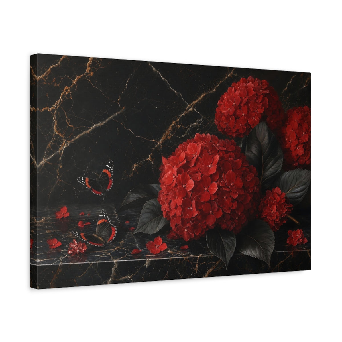 Side Mockup 3. Floral Red Hydrangeas Red And Black shown as stretched canvas wall art