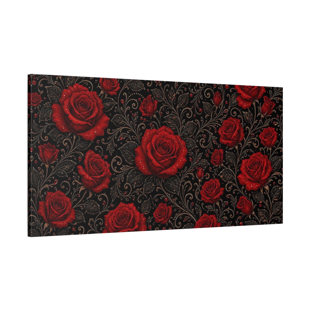 Side Mockup 2. Floral Red Roses Red And Black Floral shown as stretched canvas wall art