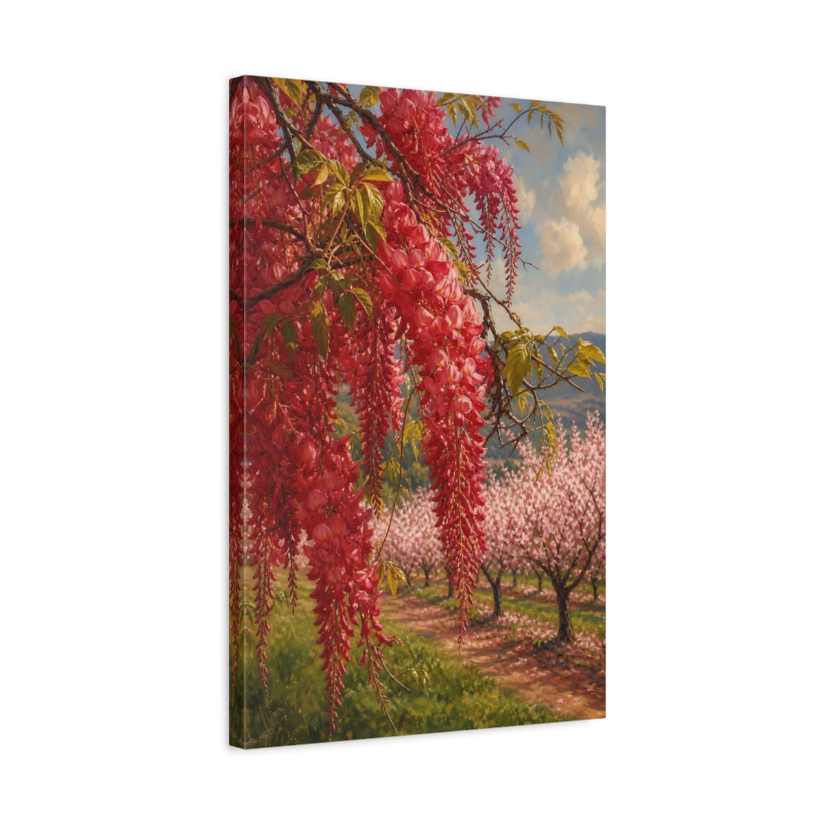 Side Mockup 3. Floral Red Wisteria Red Floral Landscape shown as stretched canvas wall art