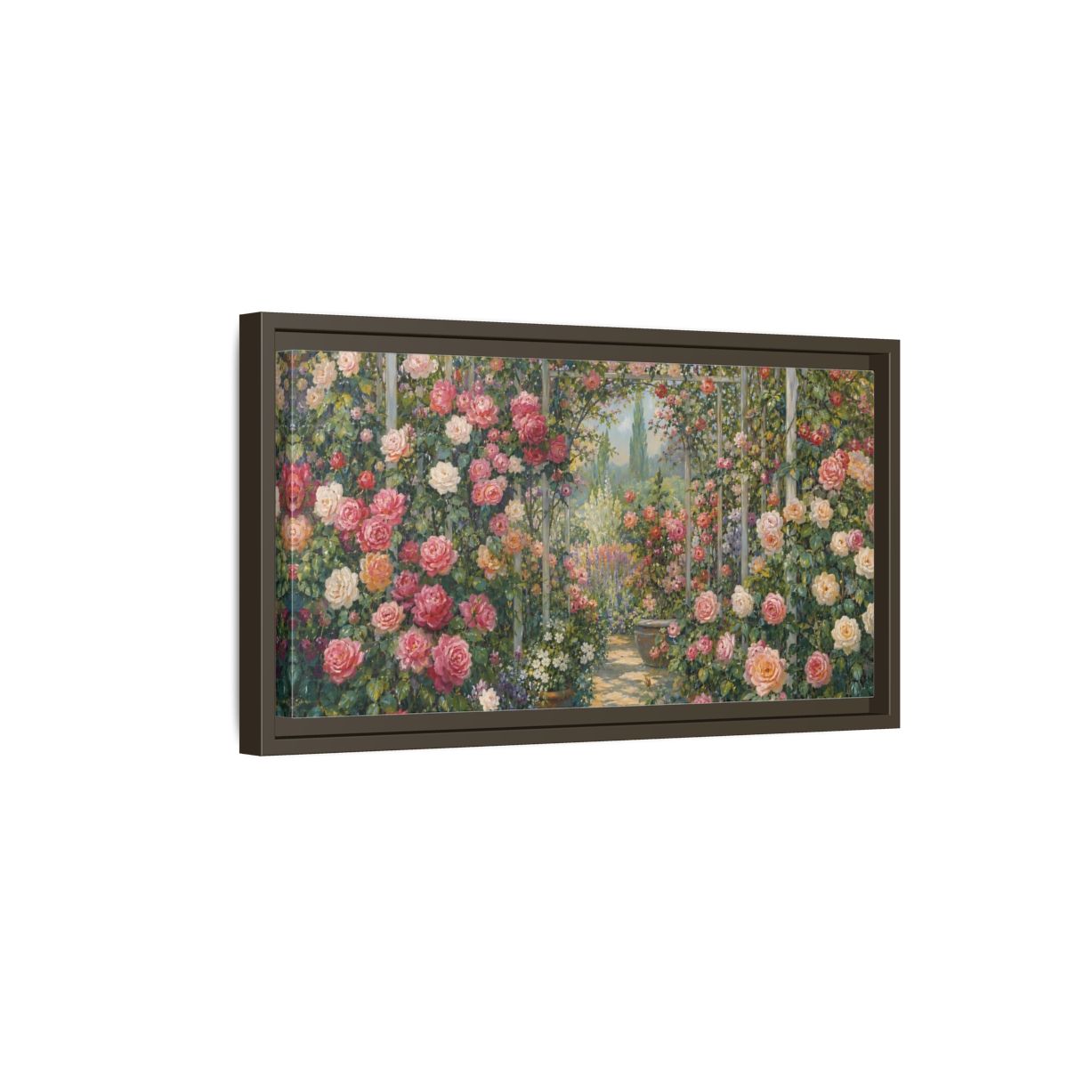 Side Mockup 7. Floral Rose Garden Pink Rose Garden shown as stretched canvas wall art