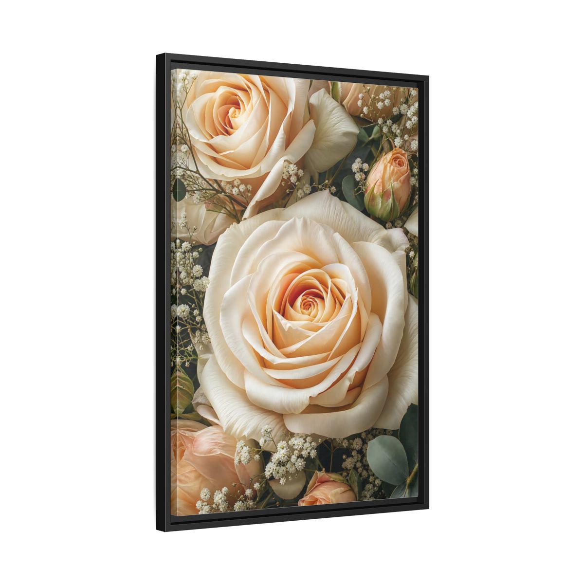 Side Mockup 14. Floral Roses Pale Floral shown as stretched canvas wall art