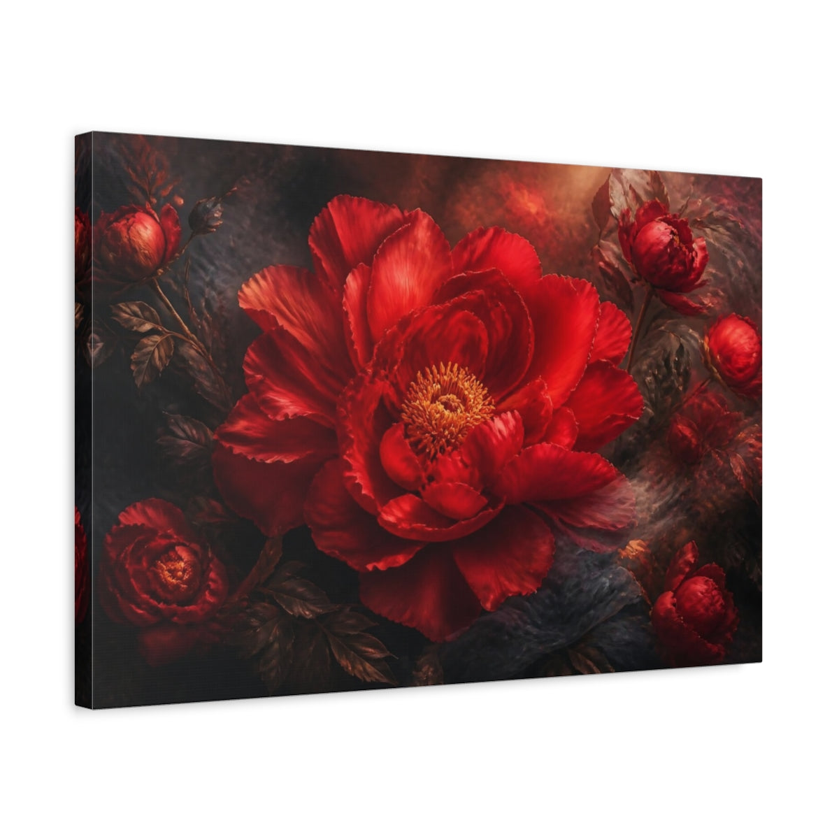 Side Mockup 3. Floral Scarlet Peony shown as canvas print