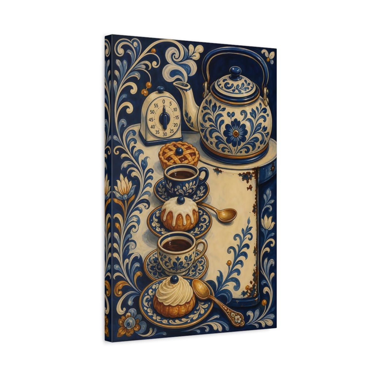 Side Mockup 3. Floral Tea Set Blue And White shown as stretched canvas wall art