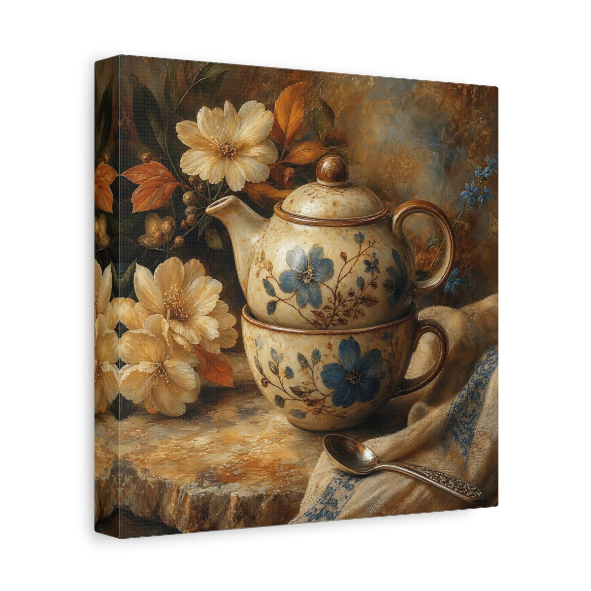 Side Mockup 9. Floral Teapot And Cup Blue Floral Teaset shown as stretched canvas wall art