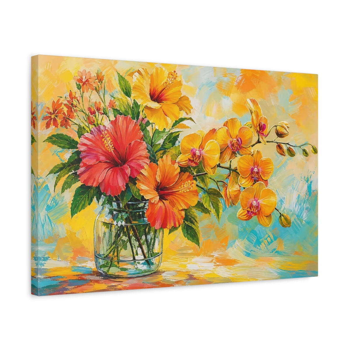 Side Mockup 3. Floral Tropical Flowers Orange Yellow Floral shown as stretched canvas wall art