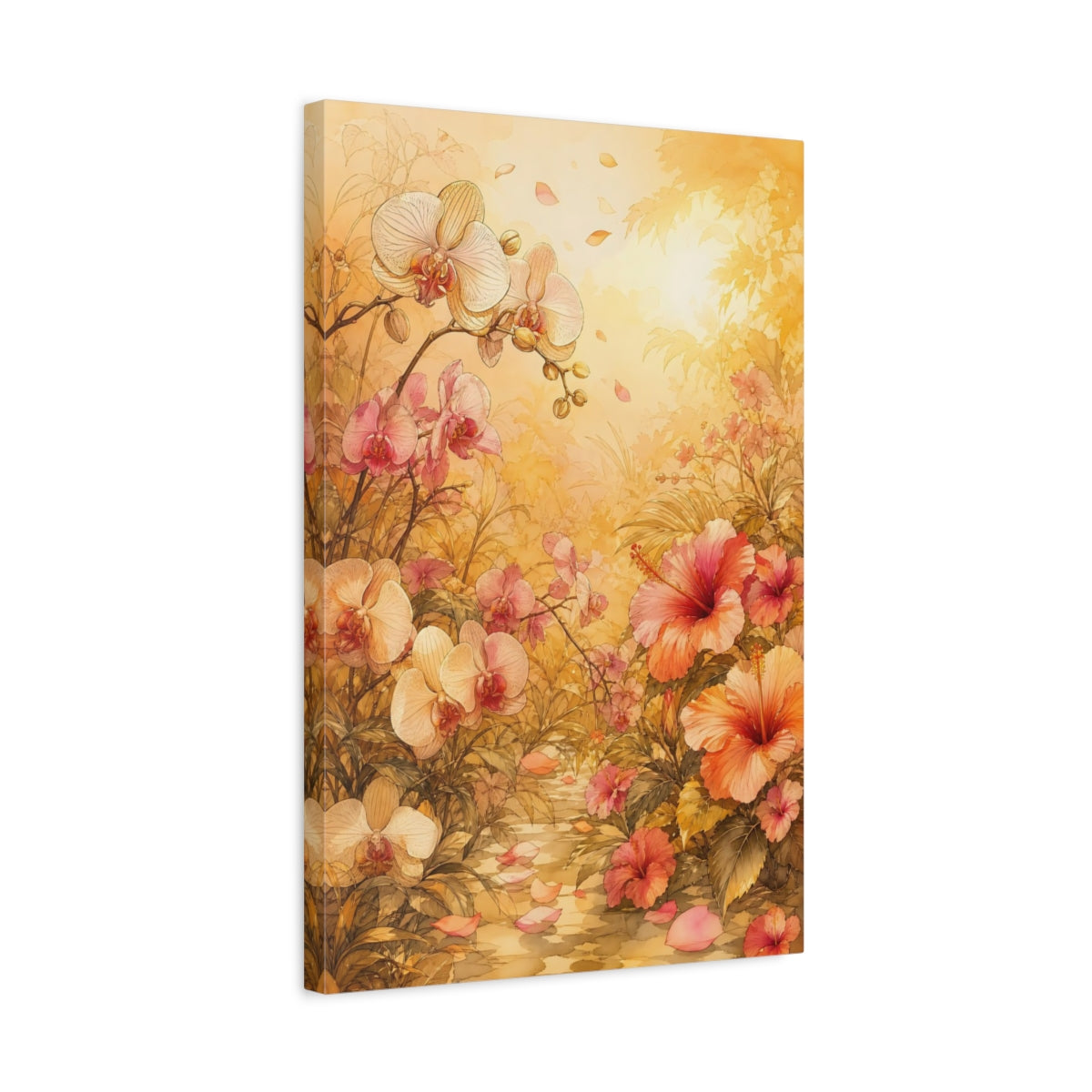 Side Mockup 3. Floral Tropical Flowers Pink And Gold Floral shown as stretched canvas wall art